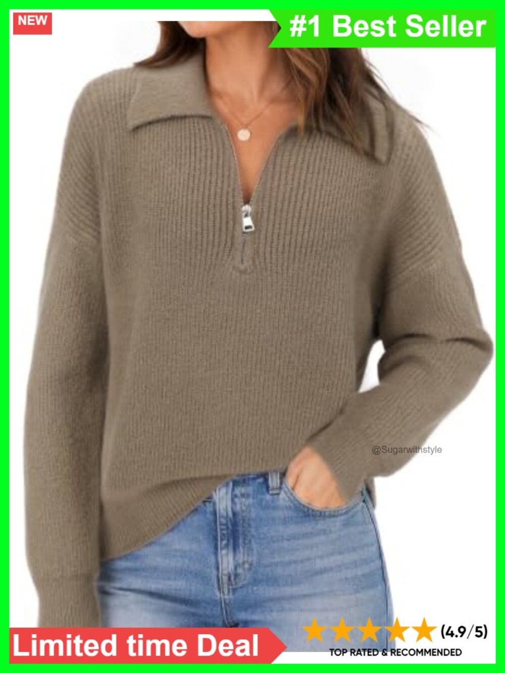 Womens Quarter Zip Pullover Sweater Oversized Knit Loose Fit Collared Fall